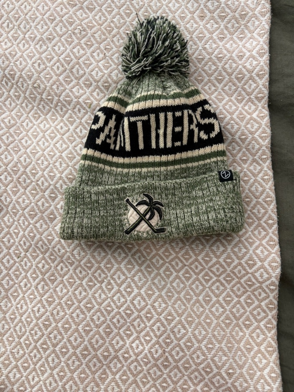 Panthers Pom Beanie in Olive Green and Black